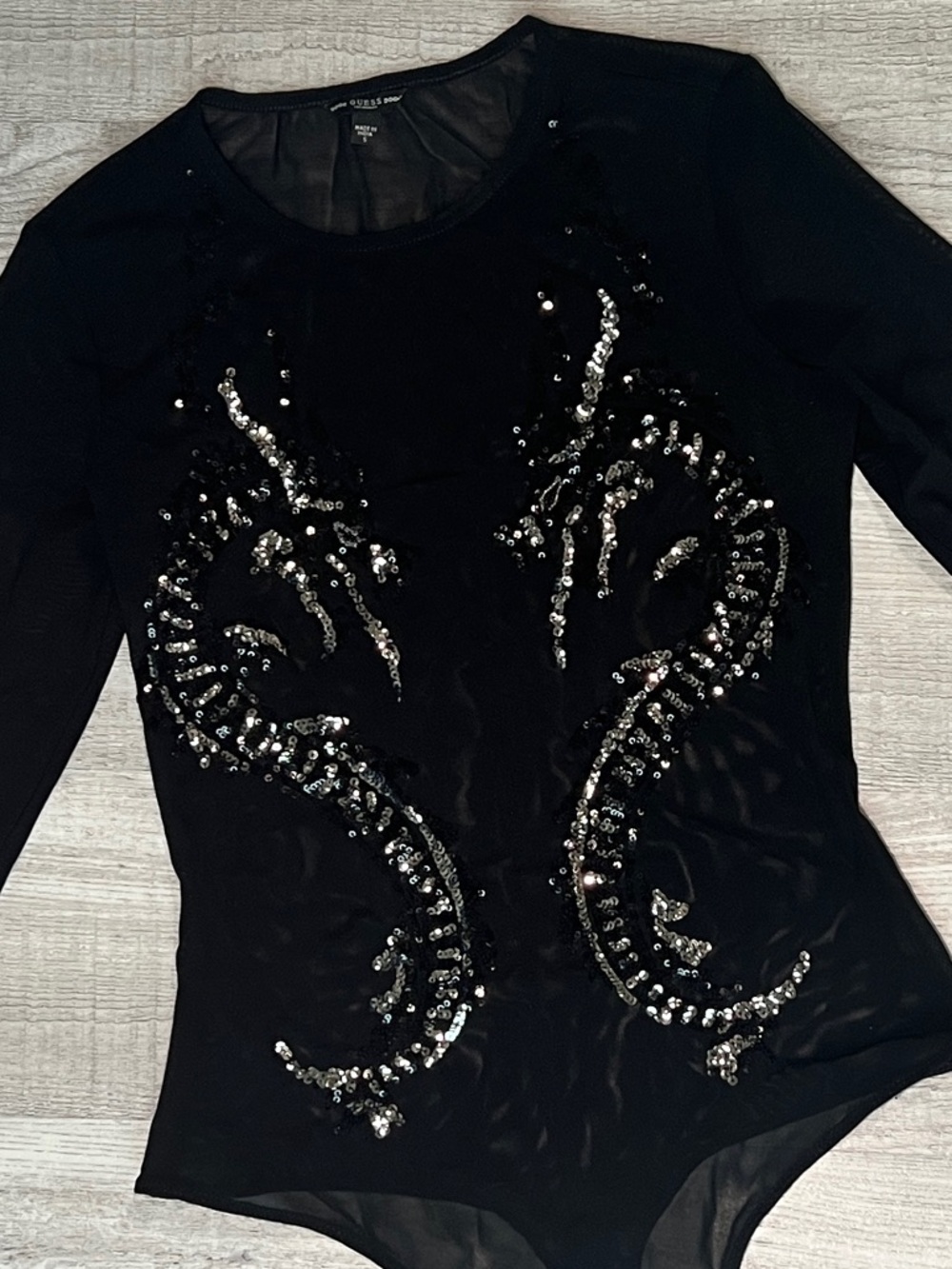 GUESS Black Sheer Long Sleeve Sequin |Dragon Mesh Bodysuit - Picture 3 of 10